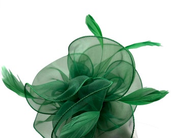 green fascinator hat with headband and clip, wave shaped fabric with feather, for weddings, royal ascot, garden parties and races