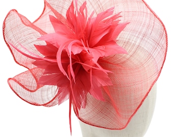 coral red fascinator wedding hat with removable headband and clip derby races ascot wavy shaped