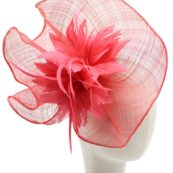 coral red fascinator wedding hat with removable headband and clip derby races ascot wavy shaped