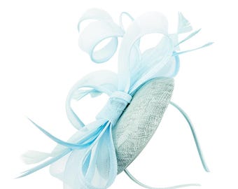 Baby blue Fascinator headband and clip sinamay with feathers Round Shaped Weddings Royal Ascot Derby Pillbox hat