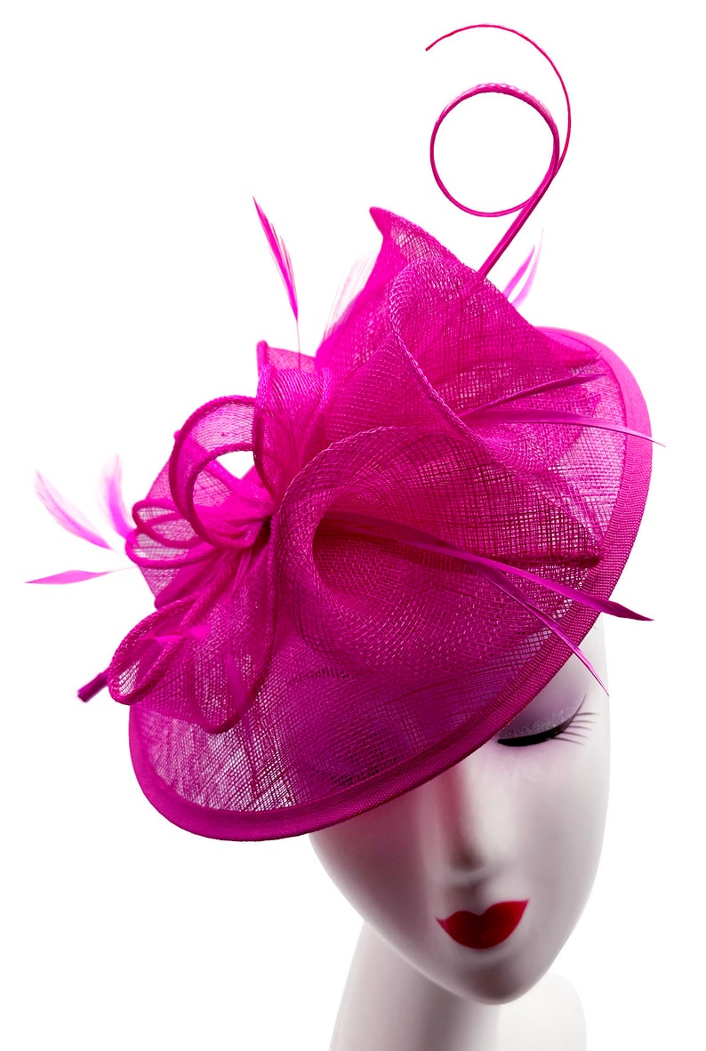 New Fuschia Fascinator headband and clip sinamay with feathers Round Shaped Weddings Royal Ascot zdjęcie 3