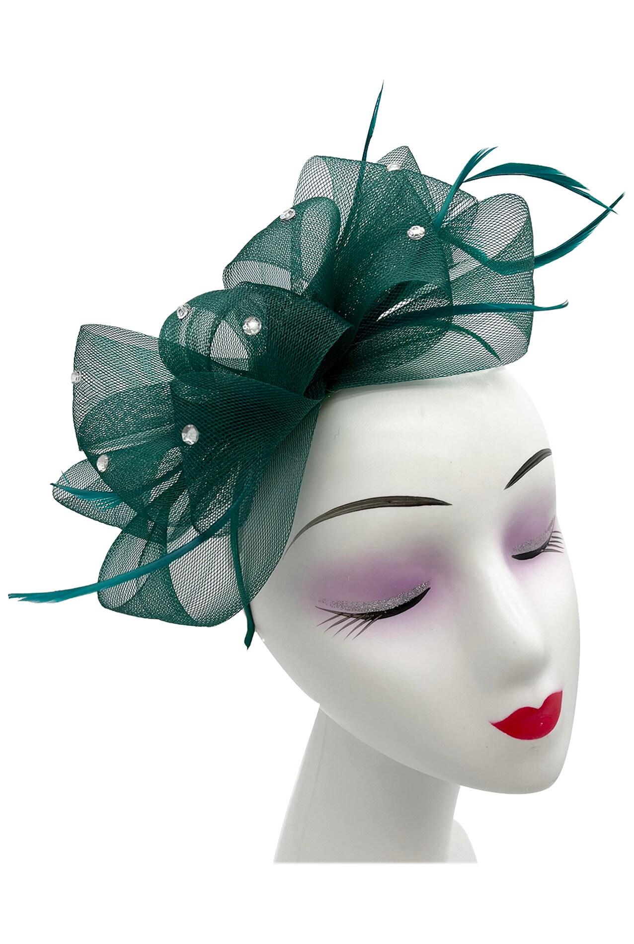 Dark Green Fascinator Bow Shaped With Feathers With Headband 