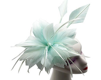 Baby Blue Fascinator with headband and clip with flower feathers for weddings, races, royal ascot hat