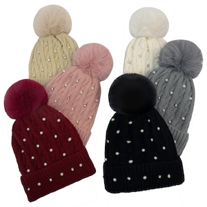 Ladies Luxury Woolen Knitted Fleece Line Bobble Beanie Wool Hat Womens Pom Pom Hat Diamante Pearls detail