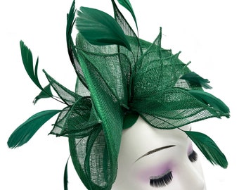 Fascinator verde bottiglia cappello da sposa fiore piuma fascia clip copricapo gare