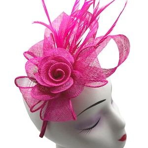 Small Fuschia fascinator, wedding hat, headband and clip, Flower and Feathers detailing, for weddings, royal ascot, races
