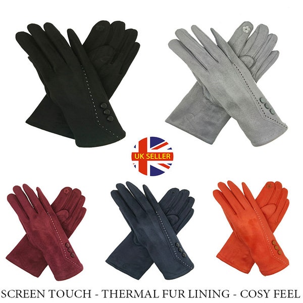 Women Ladies Warm Gloves Cotton Soft Touch Screen Fleece Lined Mittens With Buttons