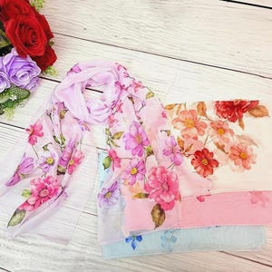 New Elegant Luxury Chiffon Scarf for Women Soft Wrap Lightweight Summer Spring Scarf Floral Pattern, Scarves, Gift for Her, Mother’s Day