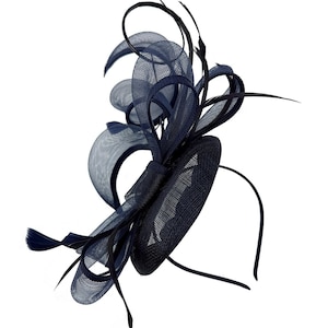 Navy Fascinator headband and clip sinamay with feathers Round Shaped Weddings Royal Ascot Derby Pillbox hat