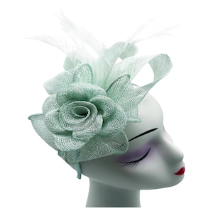 Small baby blue fascinator, wedding hat headband and clip Flower and Feathers detailing, for weddings, royal ascot, races