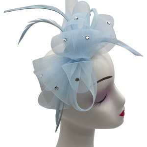 New Light blue fascinator with headband and clip bow shaped with feathers Wedding Hat