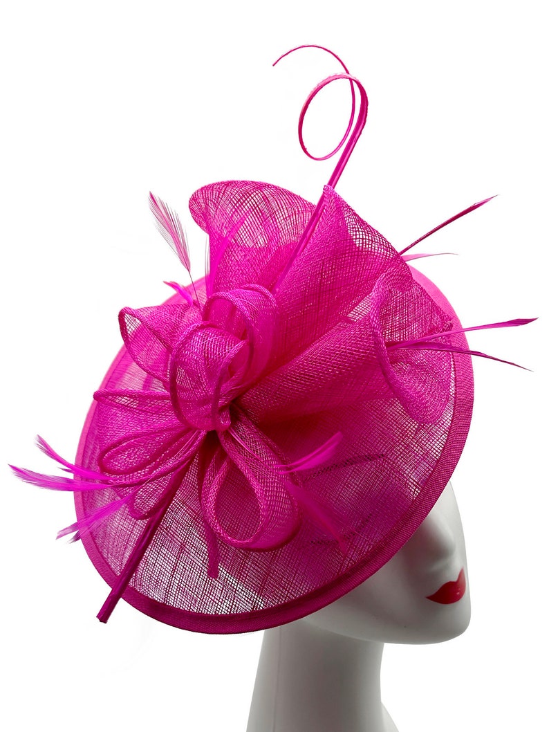 New Fuschia Fascinator headband and clip sinamay with feathers Round Shaped Weddings Royal Ascot zdjęcie 5