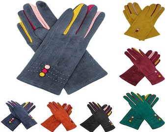 Women Button Gloves Ladies Multi Colours Gloves Touch Screen Gloves Winter Warm Soft Fleece Lined Luxury Thermal Finger Gloves One Size New