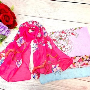 Elegant Luxury Chiffon Scarf for Women Soft Wrap Lightweight Summer Spring Scarf Floral Pattern, Scarves, Gift for Her, Mother’s Day