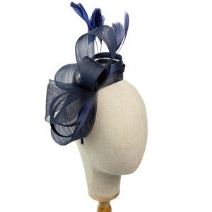 Navy Fascinator with headband and clip with Satin Loops & added Feathers for Weddings, Races, Ascot, Melbourne Cup, Women accessory