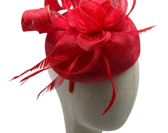Caprilite Pillbox Sinamay Fascinator Haarreif – Mit Wirbelschlaufe, Für Hochzeiten & Pferderennen, Rot