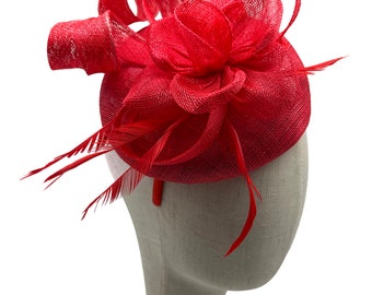 Round Red Pillbox Bow Sinamay Headband Fascinator Weddings Ascot Hatinator Races Hat