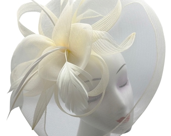 cream fascinator large with headband and clip hatinator wedding races millinery headpiece