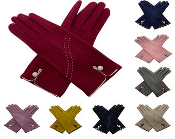 Women Button Gloves Ladies Plain Solid Colour Gloves Touch Screen Gloves Winter Warm Soft Fleece Lined Luxury Thermal Finger Gloves One Size