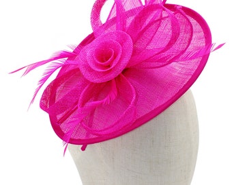 Fuchsia Hot Pink Fascinator with Removable headband and clip Oval shaped Sinamay made Wedding hat