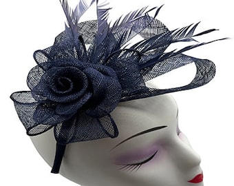 Navy blue fascinator, wedding hat, headband and clip, Flower and Feathers detailing, for weddings, royal ascot, races, Small size