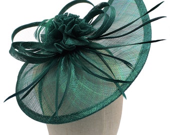 Dark green fascinator wedding hat tear drop shape with removable headband and clip