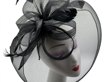 Black fascinator large with headband and clip hatinator wedding races millinery headpiece