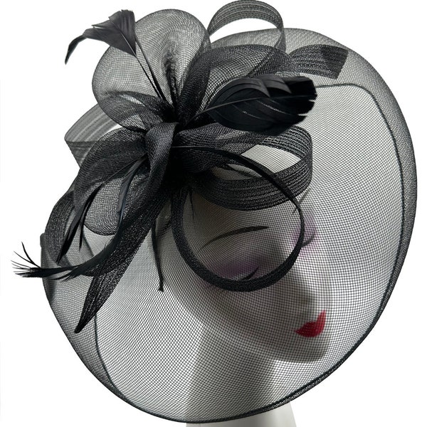 Black fascinator large with headband and clip hatinator wedding races millinery headpiece