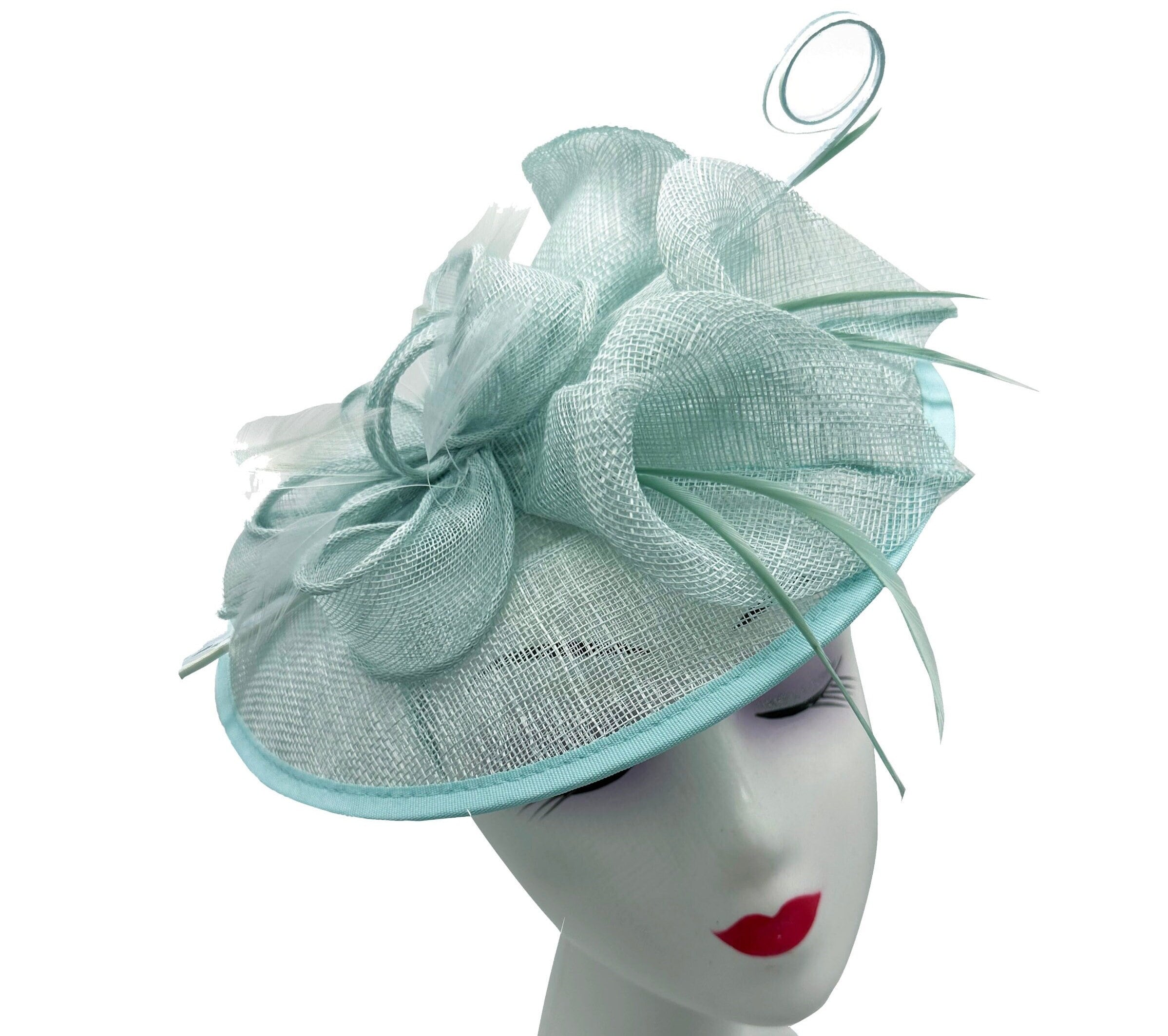 Baby Blue Fascinator Sinamay made Round headband and clip with feathers & Flower Detailing