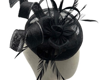 Round black Pillbox Bow Sinamay Headband Fascinator Weddings Ascot Hatinator Races Funeral hat