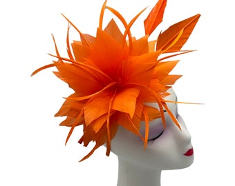 Orange Fascinator with headband and clip with flower feathers for weddings, races, royal ascot hat