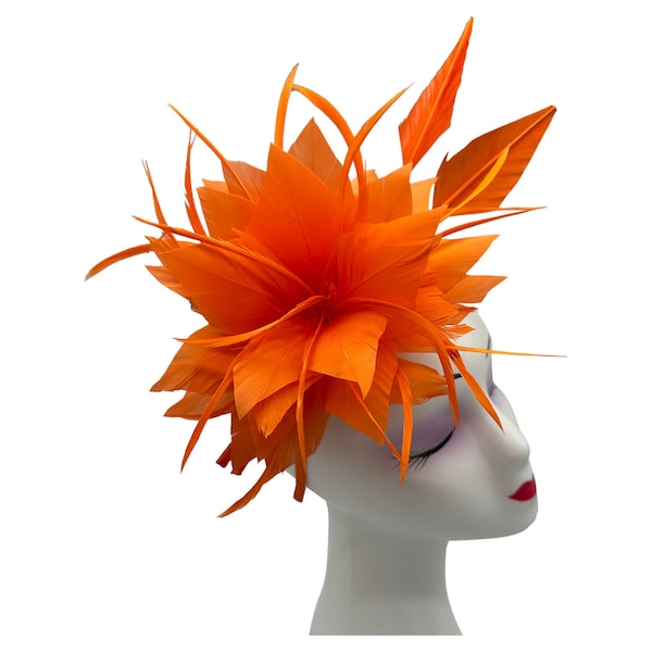 Orange Fascinator with headband and clip with flower feathers for weddings, races, royal ascot hat