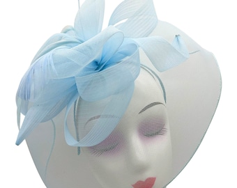 light blue fascinator large with headband and clip hatinator wedding races millinery headpiece