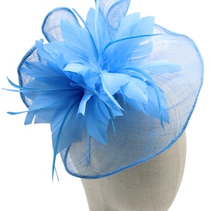 Sky blue fascinator wedding hat with headband and clip races derby Kentucky ascot wavy shape