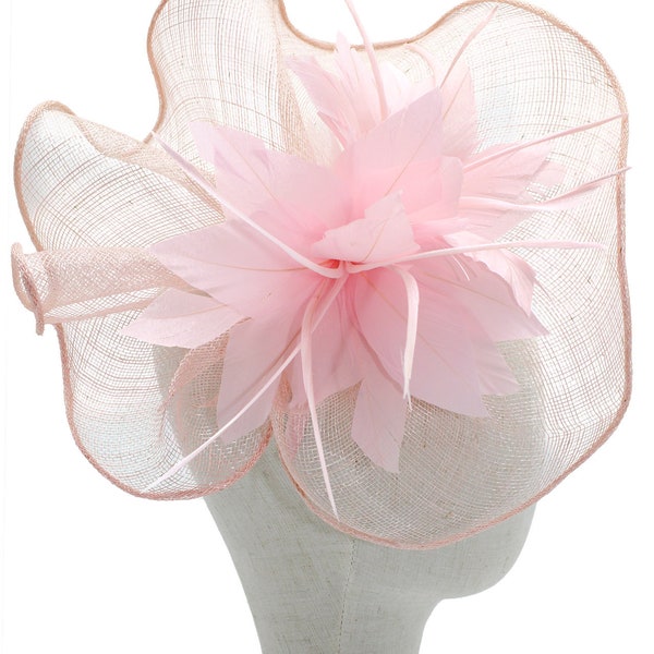 light pink fascinator flowers feather net Kentucky Derby hat headpiece with headband and clip Wavy