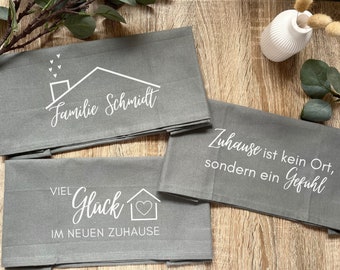 Trockentuch/Geschirrtuch, Einweihungsgeschenk I Umzug in eine neue Wohnung, Küchentuch, personalisiert aus 100% Baumwolle mit Aufhänger