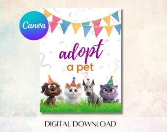 Adopt a pet birthday sign, dog birthday party decor, puppy adoption, pawty decor printable download, adopt don't shop, animal party sign