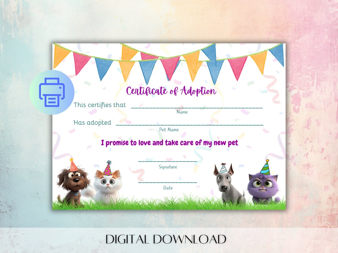 Adopt a Pet Adoption Certificate, Puppy Party, Dog Birthday Games, Lets ...