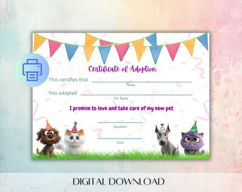 Adopt a pet adoption certificate, puppy party, dog birthday games, lets pawty, adoption celebration,adopt dont shop,dog and cat party supply