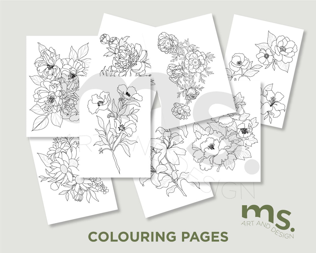 花の塗り絵：印刷可能な花のデザイン8点（PDFダウンロード） - Etsy 日本, image size:1080x864