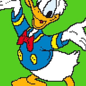 May include: A crochet pattern for a cartoon Donald Duck. The pattern is in pixel art style and features Donald Duck in his signature sailor outfit with a blue cap, yellow shirt, and red bow tie. The pattern is on a green background.