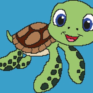 May include: A pixelated cartoon turtle with a green head and limbs, a brown shell, and a smiling red mouth. The turtle has large blue eyes and black spots on its flippers. The background is a solid light blue.