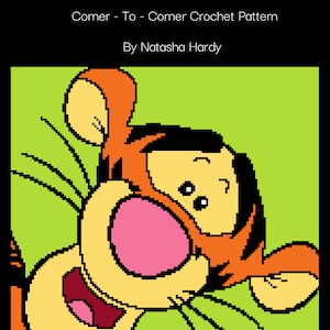 May include: A crochet pattern for Tigger from Winnie the Pooh. The pattern is a corner-to-corner crochet pattern. The image shows a pixelated version of Tigger with orange and black stripes, a pink nose, and a yellow face.
