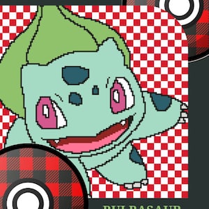 May include: A crochet pattern for a Bulbasaur, a green Pokemon with a red and white checkered background. The pattern is called "Bulbasaur Corner-to-Corner" and is by Natasha Shupe.
