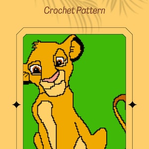 May include: Crochet pattern for Simba from The Lion King. The pattern features a cartoon image of Simba sitting with a green background. The pattern is by Natasha Hardy.