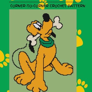 Puede incluir: Un patrón de crochet para una imagen de dibujos animados de Pluto el perro, sosteniendo un hueso en su boca. El patrón se titula "Pluto Corner-to-Corner Crochet Pattern".
