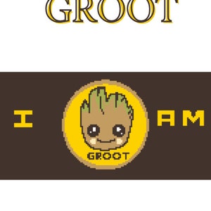 Könnte beinhalten: Ein Häkelmuster für eine Groot-Figur aus dem Film Guardians of the Galaxy. Das Muster ist ein Eck-zu-Eck-Häkelmuster. Das Bild zeigt ein Pixelbild von Groot mit dem Text "I AM GROOT" auf braunem Hintergrund.
