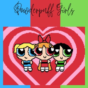 Puede incluir: Un patrón de crochet con las Chicas Superpoderosas, Bombón, Burbuja y Bellota, en forma de corazón con fondo rosa y rojo. El texto "Powerpuff Girls" está escrito en cursiva en la parte superior de la imagen. El texto "Corner-to-Corner Crochet Pattern" está escrito en la parte inferior de la imagen.