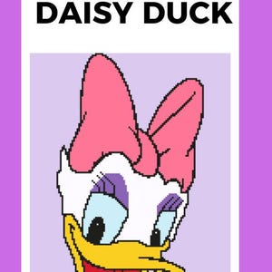 May include: A crochet pattern for a queen-sized Daisy Duck blanket. The pattern is corner-to-corner and features a pixelated image of Daisy Duck with a pink bow.