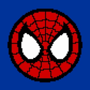 Op de afbeelding: Een gepixelde afbeelding van een superheldenmasker in rood en zwart. Het masker heeft een spinnenwebontwerp en witte ogen.